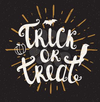 Black Halloween background. Trick or treat lettering. Hand drawn vector illustration.