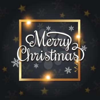 Christmas background with greeting inscription in golden frame. Merry Christmas lettering.