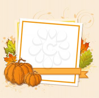 Autumn frame with pumpkins and falling leaves. Vector illustration.