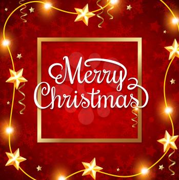 Decorative red shining Christmas background with greeting inscription. Merry Christmas lettering.