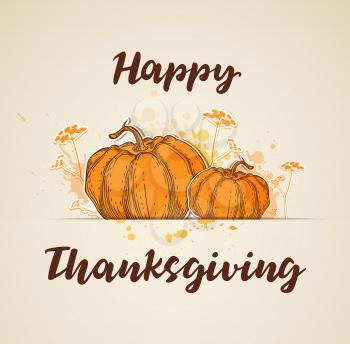 Greeting card for Thanksgiving Day with orange pumpkins and flowers. Vector illustration.