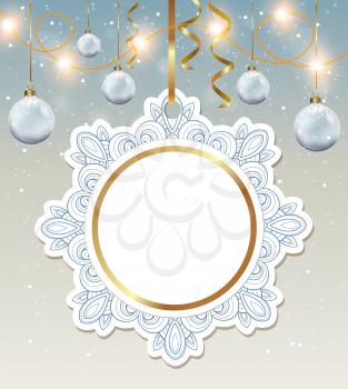 Decorative round vector Christmas banner with white decorations. 