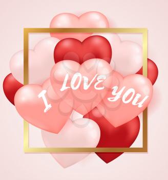 Decorative greeting card for Valentine's day with pink and red balloons in golden frame. 