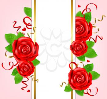 Decorative romantic vertical banner for Valentine's day with red roses and green leaves