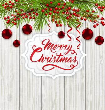 Christmas card with green fir branch, red decorations and greeting inscription on a wooden background. Vector illustration. Merry Christmas lettering.