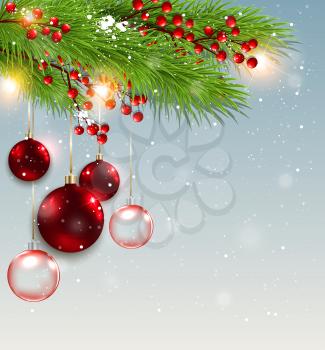 Christmas background with green fir branch and red decorations. Design for Christmas card. Vector illustration.