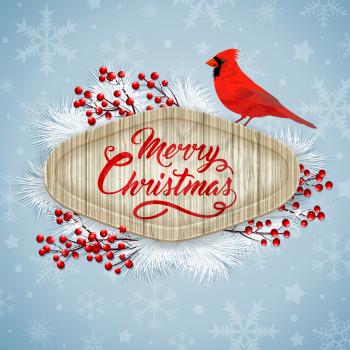 Christmas vector background with red berries, white fir branch and cardinal bird. Merry Christmas lettering. Design for greeting Christmas card.