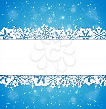 Blue decorative Christmas background with white paper snowflakes. Vector illustration.