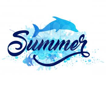 Abstract summer marine background with silhouette of blue dolphin and lettering
