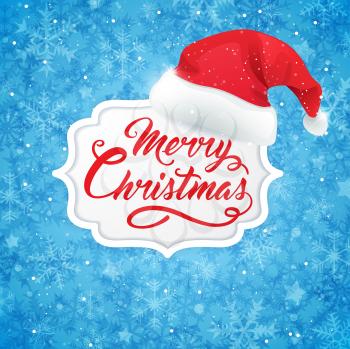 Christmas banner and hat of Santa Claus on a blue background. Merry Christmas lettering. Design for Christmas card.