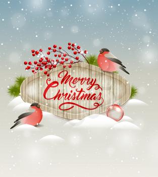 Christmas vector background with red berries and birds. Merry Christmas lettering. Design for greeting Christmas card.