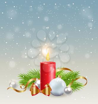 Christmas background with red candle, green fir branch and white decorations