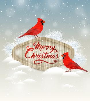 Christmas background with two cardinal birds and white fir branch. Merry Christmas lettering.