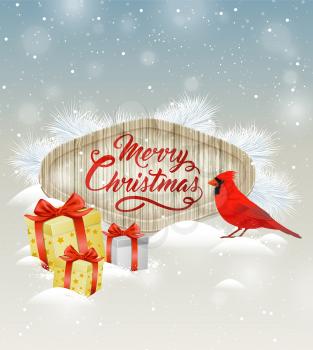 Christmas vector background with gifts, white fir branch and cardinal bird. Merry Christmas lettering on wooden banner. Design for greeting Christmas card.