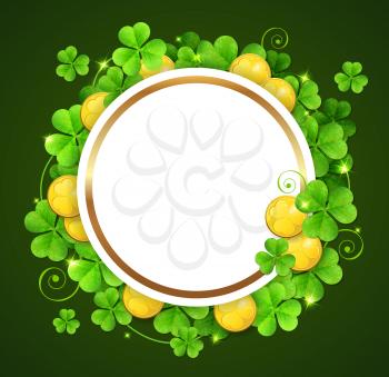 Clover leaves and golden coins on a green background. Design for St. Patrick's day.