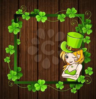 Clover leaves and girl in green frame on a wooden background. Design for St. Patrick's day.