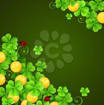 Green abstract background with clover leaves and golden coins for St. Patrick's Day