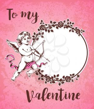 Vintage hand drawn Valentine card with cupid and round frame of roses on a pink background