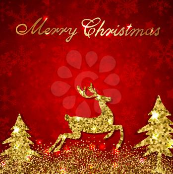Christmas red background with golden glitter deer and firs. Design for Christmas card.