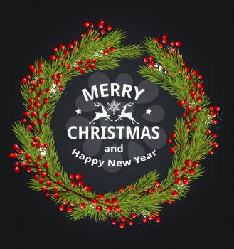 Decorative Christmas wreath with red berries and green fir branches on a black background. Merry Christmas lettering.
