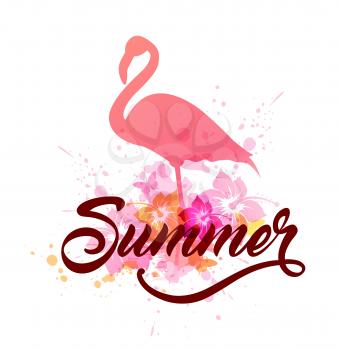 Abstract summer tropical background with silhouette of pink flamingo and lettering