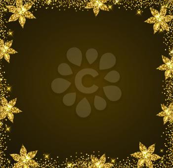 Decorative golden glitter holiday frame with flowers. Shining Christmas background.