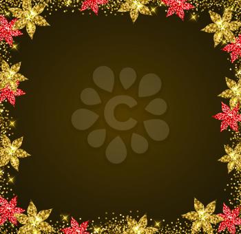 Decorative glitter holiday frame with golden and red flowers. Shining Christmas background.