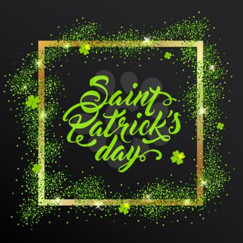 Golden frame with green clover leaves and lettering on a black background for St. Patrick's Day