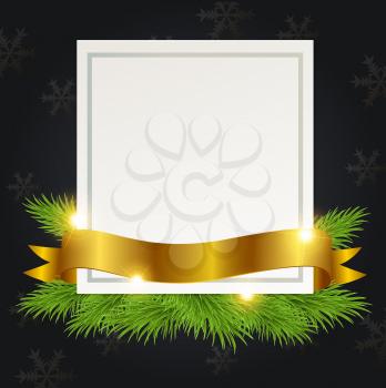 Black Christmas background with golden ribbon and white sheet of paper. Design for Christmas card.