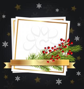 Black Christmas background with fir branch and white sheet of paper. Design for Christmas card.