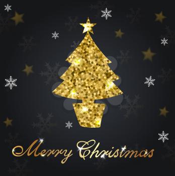 Decorative shining background with golden glitter Christmas tree. Design for Christmas card.