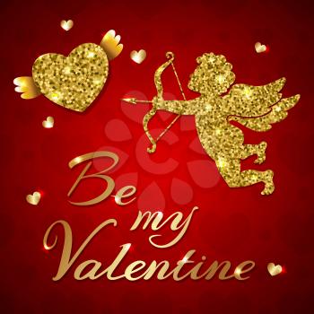 Valentine's day greeting card with lettering, cupid and hearts on a red background