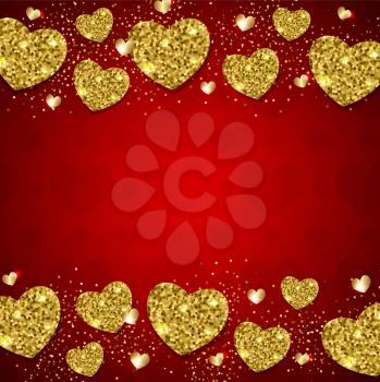Abstract vector red background with shining golden hearts. Festive greeting card for Valentine's day.