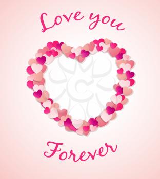 Decorative greeting card for Valentine's day with paper hearts and lettering