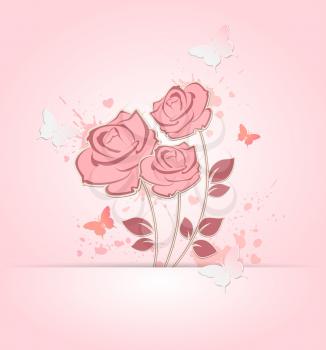 Decorative floral background with pink paper roses and butterflies