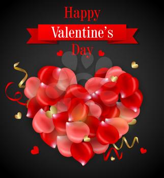 Decorative heart of rose petals on a black background. Valentine greeting card.
