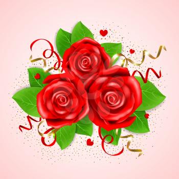 Decorative bouquet of red roses and green leaves on a pink background
