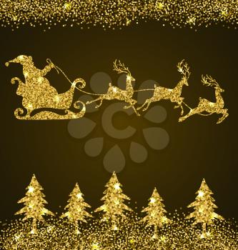 Christmas shining background with golden glitter firs and Santa Claus. Design for Christmas card.