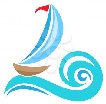 Vector sailing ship and blue wave. Travel concept. 