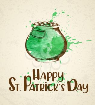 Pot of gold and green watercolor blots. Vintage greeting card for St. Patrick's day