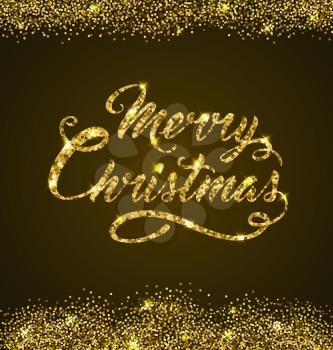 Golden glitter Christmas greeting inscription on a brown background. Design for Christmas card.