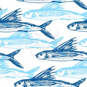 Vector seamless pattern with blue flying fish on a white background.