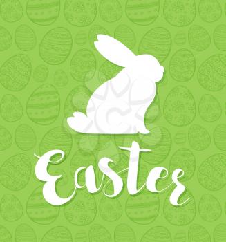 Decorative Easter greeting card with silhouette of white rabbit on a green background. 