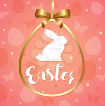 Decorative Easter greeting card with silhouette of white rabbit in golden frame. 