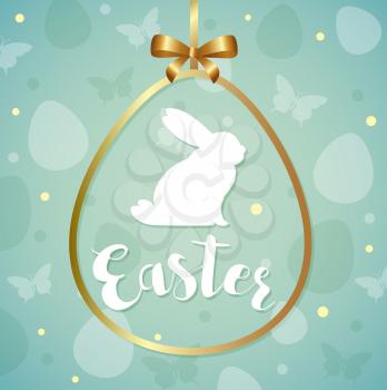 Decorative green Easter greeting card with silhouette of white rabbit in golden frame. 