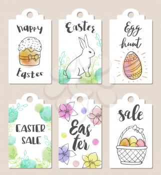 Set of hand drawn Easter tags for holiday sale with watercolor textures