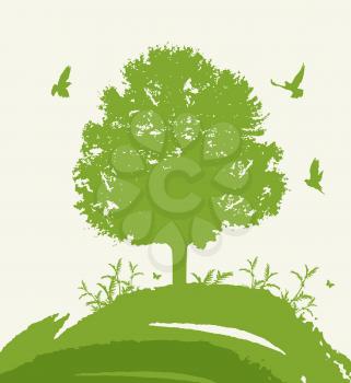 Abstract vector background with green tree and birds. Ecology concept. 