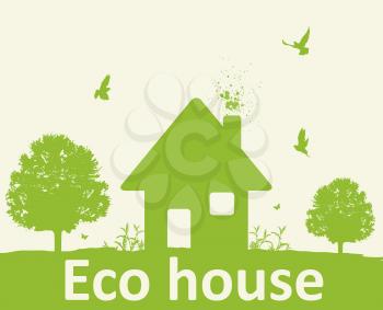 Landscape with green tree, birds and house. Eco-friendly house concept. 