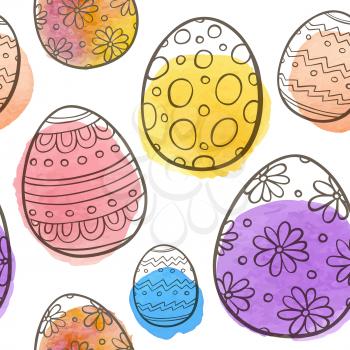 Hand drawn Easter seamless pattern with eggs and bright watercolor blobs on a white background