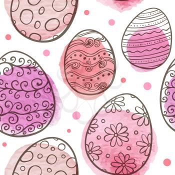 Hand drawn Easter seamless pattern with eggs and pink watercolor blobs on a white background